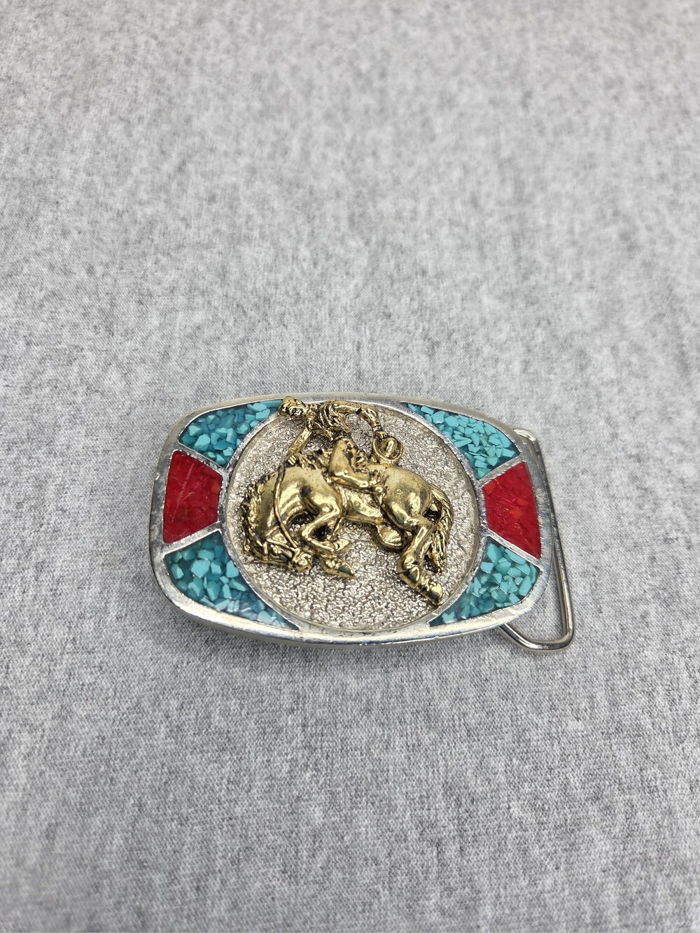 Vintage Bronc Rider Belt Buckle Turquoise Coral Chip Inlay Rodeo Cowboy 3D